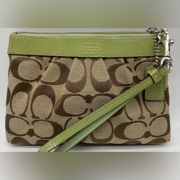 Coach Handbags - Coach Signature Jacquard Green Patent Trim Pouch Wristlet Khaki #2